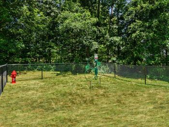 a grassy area with a fire hydrant and a bike sculpture  at Residences at Westborough Station, Westborough, 01581